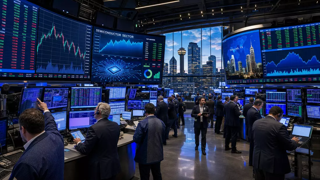 Editorial-Aufnahme eines Handelsraums mit Halbleiter-Sektorcharts und Dallas-Skyline