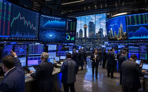 Texas Instruments (US8825081040) zeigt editorial einen belebten NASDAQ-Handelsraum mit Halbleiter-Sektor-Charts und Dallas-Skyline im Hintergrund - Foto: THN