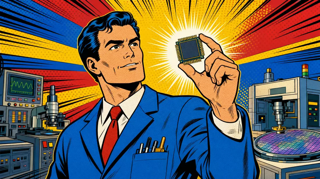 Pop-Art-Comicillustration eines Ingenieurs mit leuchtendem generischem Mikrochip in der Hand