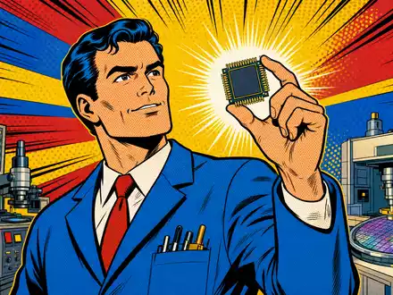 Texas Instruments (US8825081040) inszeniert als Pop-Art-Comic einen Ingenieur, der stolz einen leuchtenden generischen Mikrochip präsentiert - Foto: THN