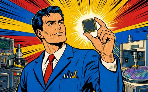 Texas Instruments (US8825081040) inszeniert als Pop-Art-Comic einen Ingenieur, der stolz einen leuchtenden generischen Mikrochip präsentiert - Foto: THN