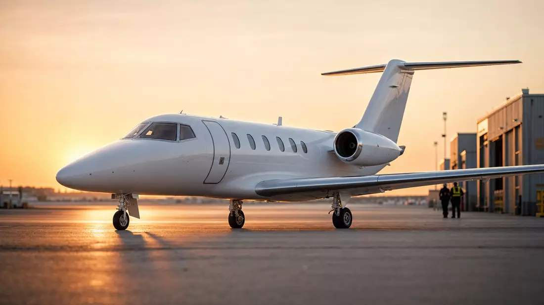 Unmarkierter weißer Business-Jet auf Vorfeld bei Sonnenuntergang, Golden-Hour-Licht
