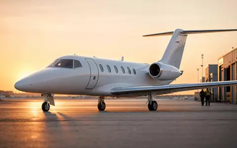 Fotorealistische Aufnahme eines unmarkierten Business-Jets bei Sonnenuntergang, symbolisch für Textron Inc. (US8832031027) und Luftfahrtbranche - Foto: THN