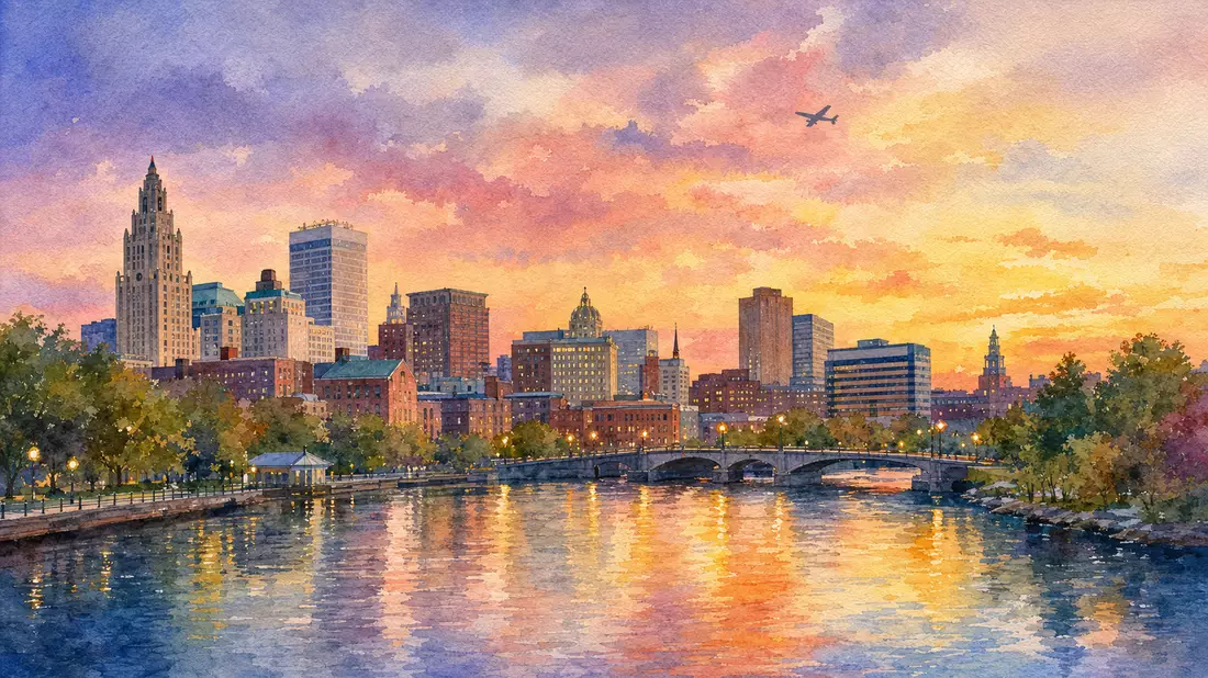 Aquarellbild der Stadt Providence mit Fluss und warmem Abendlicht