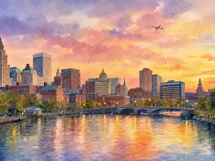 Aquarellmalerei der Skyline von Providence bei Dämmerung, Firmensitz-Stadt von Textron Inc. (US8832031027), Luftfahrtunternehmen - Foto: THN