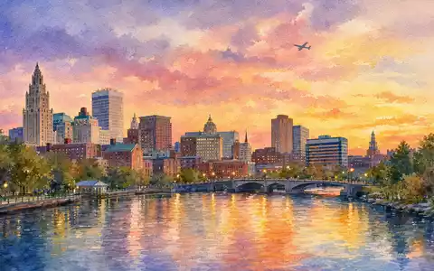 Aquarellmalerei der Skyline von Providence bei Dämmerung, Firmensitz-Stadt von Textron Inc. (US8832031027), Luftfahrtunternehmen - Foto: THN