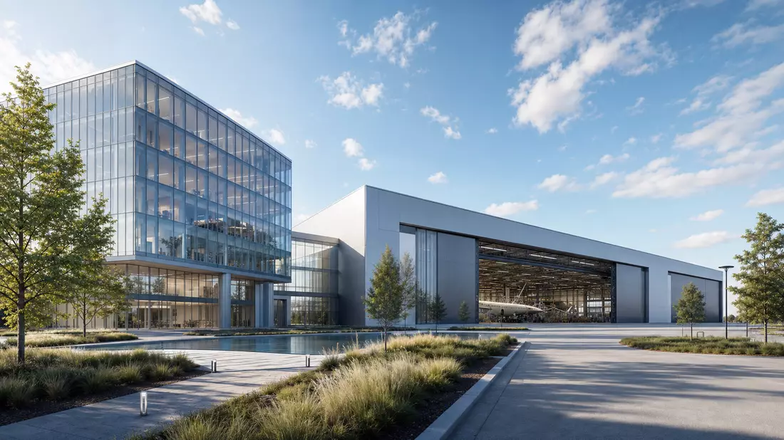 3D-Render eines Glasgebäudes neben großer Flugzeug-Werkshalle bei Tageslicht