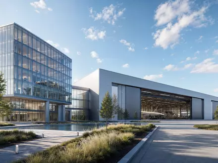 Architektur-Render eines modernen Luftfahrt-Werksgeländes, passend zur Anlagenstruktur von Textron Inc. (US8832031027) im Aerospace-Sektor - Foto: THN