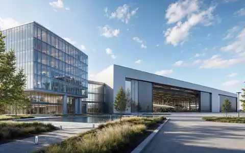 Architektur-Render eines modernen Luftfahrt-Werksgeländes, passend zur Anlagenstruktur von Textron Inc. (US8832031027) im Aerospace-Sektor - Foto: THN