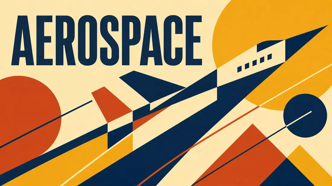 Bauhaus-Poster mit geometrischem Flugzeug und Schriftzug AEROSPACE in kräftigen Farben