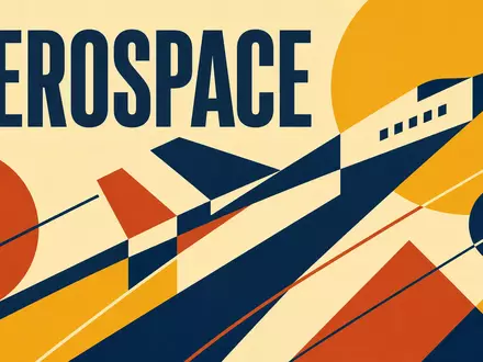Geometrisches Bauhaus-Poster mit stilisiertem Flugzeug und Text AEROSPACE, symbolisiert Branche von Textron Inc. (US8832031027) - Foto: THN