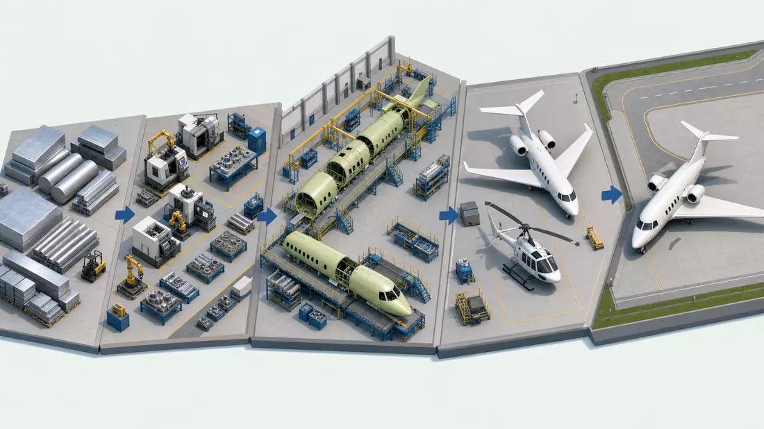 Isometrische Illustration einer Flugzeugfertigung von Rohmaterial bis Endmontage