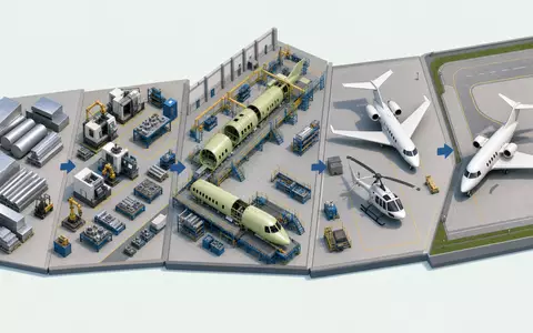 Isometrisches 3D-Diagramm der Luftfahrt-Wertschöpfungskette, illustriert Produktionsprozess von Textron Inc. (US8832031027) vom Material zum Flugzeug - Foto: THN