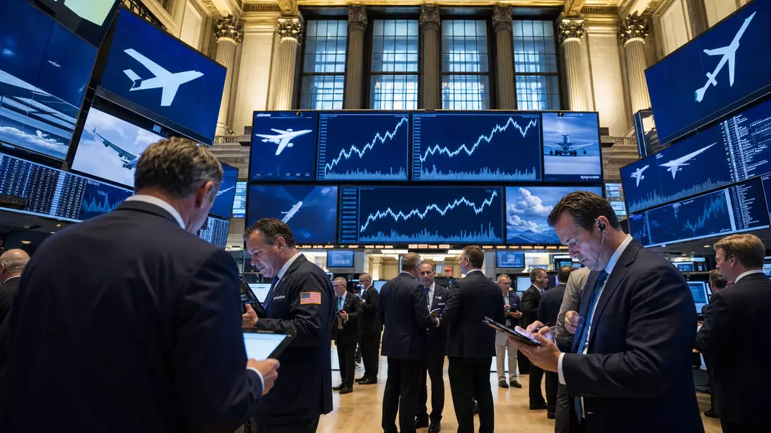 Trading-Floor der New Yorker Börse mit Kurscharts und Flugzeugsymbolen auf Bildschirmen