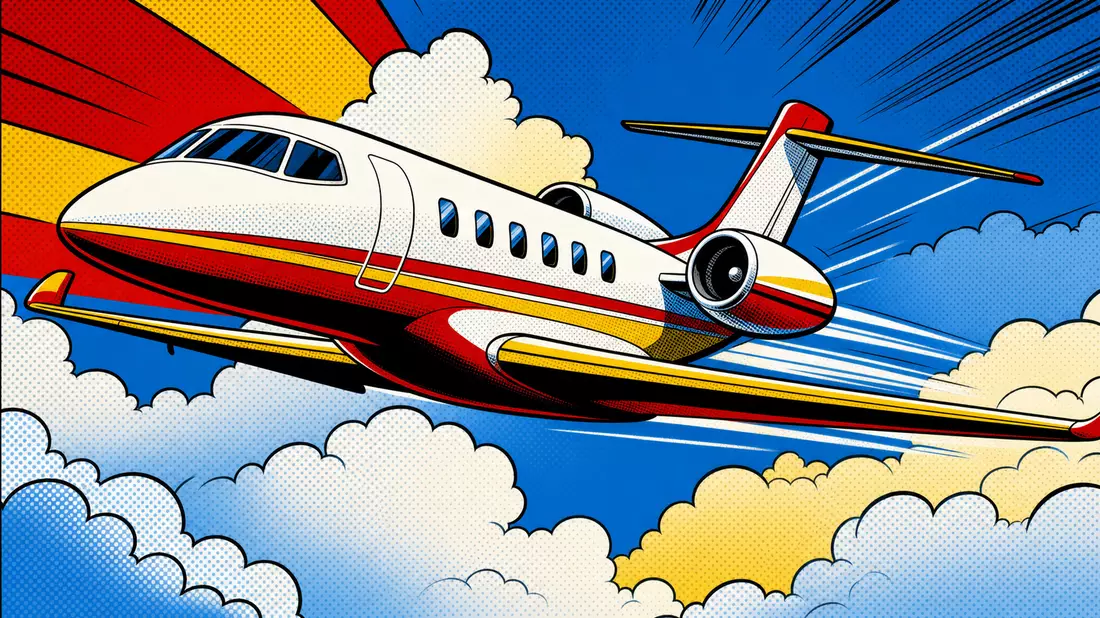 Pop-Art-Comic eines unmarkierten Business-Jets, der dynamisch durch Wolken fliegt