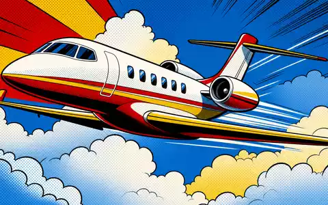 Farbenfrohe Pop-Art-Comicszene mit unmarkiertem Business-Jet in Wolken, künstlerische Hommage an Textron Inc. (US8832031027) Luftfahrtprodukte - Foto: THN