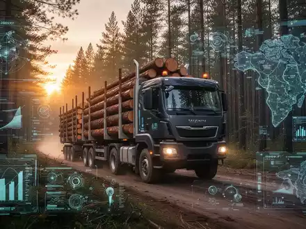 Ein autonomer Holztransporter fährt bei Sonnenaufgang durch einen Wald, digitale Overlays zeigen Datenströme und Geoinformationen. - Foto: über boerse-global.de