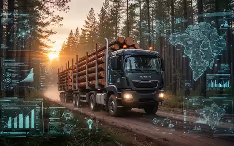 Ein autonomer Holztransporter fährt bei Sonnenaufgang durch einen Wald, digitale Overlays zeigen Datenströme und Geoinformationen. - Foto: über boerse-global.de