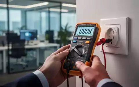 Eine Hand hält ein digitales Multimeter, das eine Steckdose in einem modernen Büro testet, mit unscharfem Hintergrund von Bürogeräten. - Foto: über boerse-global.de