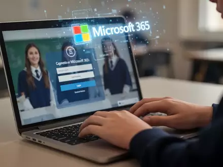 Nahaufnahme der Hände eines Studenten, die auf einem Laptop tippen, mit einem leuchtenden Microsoft 365-Logo über dem Bildschirm. - Foto: über boerse-global.de