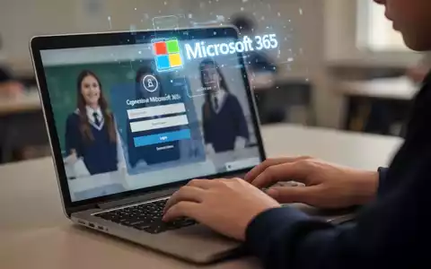 Nahaufnahme der Hände eines Studenten, die auf einem Laptop tippen, mit einem leuchtenden Microsoft 365-Logo über dem Bildschirm. - Foto: über boerse-global.de