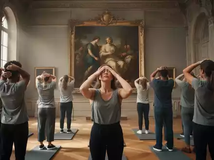 Eine Gruppe von Menschen praktiziert Augen-Yoga vor einem klassischen Gemälde in einer eleganten Kunstgalerie. - Foto: über boerse-global.de