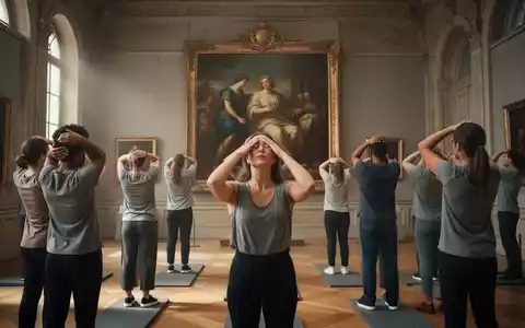 Eine Gruppe von Menschen praktiziert Augen-Yoga vor einem klassischen Gemälde in einer eleganten Kunstgalerie. - Foto: über boerse-global.de