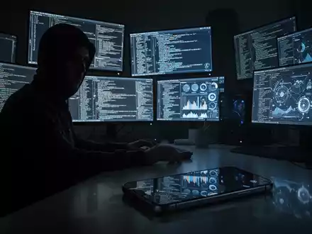 Eine schattenhafte Figur in einem dunklen Raum, umgeben von Computerbildschirmen mit Code, symbolisiert digitale Spionage. - Foto: über boerse-global.de