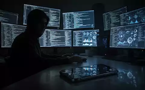 Eine schattenhafte Figur in einem dunklen Raum, umgeben von Computerbildschirmen mit Code, symbolisiert digitale Spionage. - Foto: über boerse-global.de