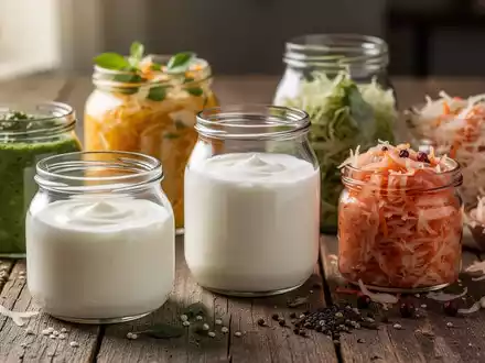 Nahaufnahme von verschiedenen fermentierten Lebensmitteln wie Joghurt, Kefir und Sauerkraut in Gläsern auf einem Holztisch. - Foto: über boerse-global.de
