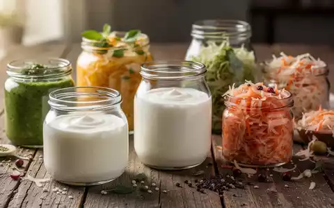 Nahaufnahme von verschiedenen fermentierten Lebensmitteln wie Joghurt, Kefir und Sauerkraut in Gläsern auf einem Holztisch. - Foto: über boerse-global.de
