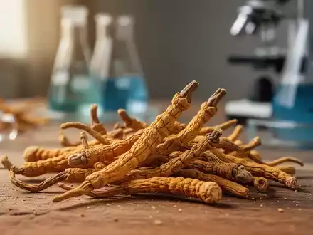 Nahaufnahme von getrockneten Cordyceps sinensis Pilzen auf Holz, mit Laborgeräten im unscharfen Hintergrund. - Foto: über boerse-global.de