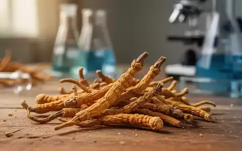 Nahaufnahme von getrockneten Cordyceps sinensis Pilzen auf Holz, mit Laborgeräten im unscharfen Hintergrund. - Foto: über boerse-global.de