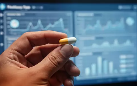 Eine Hand hält eine einzelne weiße Tablette; im unscharfen Hintergrund sind medizinische Diagramme oder ein Bildschirm zu sehen. - Foto: über boerse-global.de