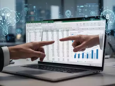 Hand zeigt auf Laptop-Bildschirm mit Excel-Tabelle, paginierten Daten und Diagrammen, symbolisiert Datenmanagement und KI. - Foto: über boerse-global.de