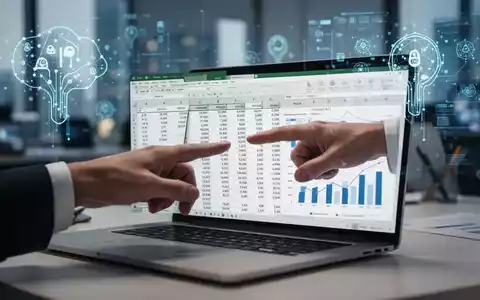 Hand zeigt auf Laptop-Bildschirm mit Excel-Tabelle, paginierten Daten und Diagrammen, symbolisiert Datenmanagement und KI. - Foto: über boerse-global.de