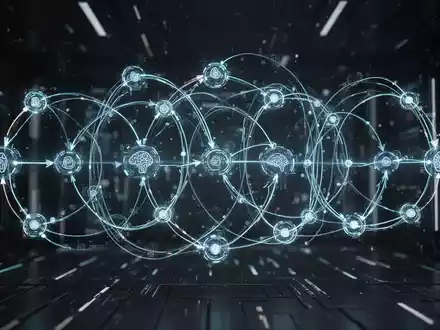 Abstrakte Visualisierung von KI-Workflow-Schleifen mit leuchtenden, verbundenen Knoten und Linien, die autonome und selbstkorrigierende Systeme symbolisieren. - Foto: über boerse-global.de