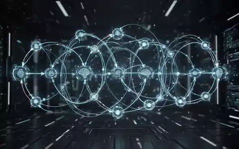 Abstrakte Visualisierung von KI-Workflow-Schleifen mit leuchtenden, verbundenen Knoten und Linien, die autonome und selbstkorrigierende Systeme symbolisieren. - Foto: über boerse-global.de