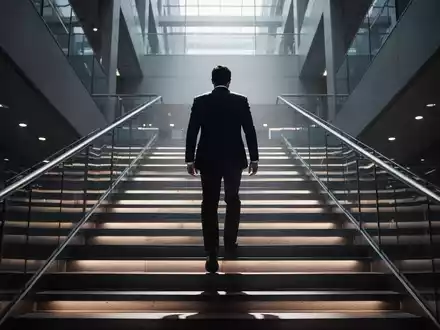 Eine von hinten gesehene, schattenhafte Figur in einem Anzug steigt eine prächtige, beleuchtete Treppe in einem modernen Firmengebäude hinauf. - Foto: über boerse-global.de