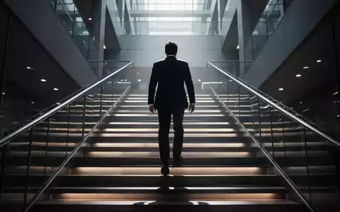 Eine von hinten gesehene, schattenhafte Figur in einem Anzug steigt eine prächtige, beleuchtete Treppe in einem modernen Firmengebäude hinauf. - Foto: über boerse-global.de
