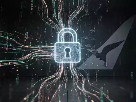 Digitale Illustration von Daten, die in ein sicheres Schloss fließen, symbolisiert Cybersicherheit und Datenschutz, mit schwachem Qantas-Logo. - Foto: über boerse-global.de