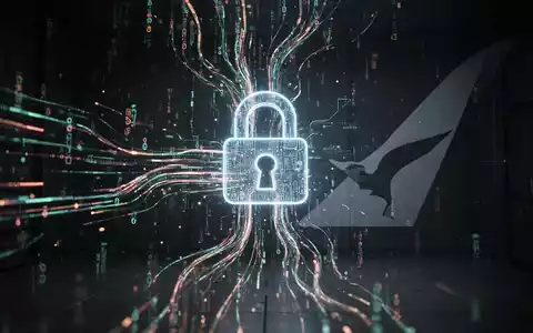 Digitale Illustration von Daten, die in ein sicheres Schloss fließen, symbolisiert Cybersicherheit und Datenschutz, mit schwachem Qantas-Logo. - Foto: über boerse-global.de