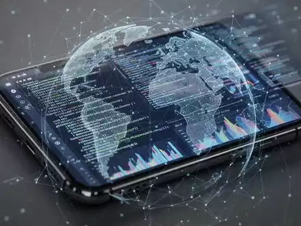 Smartphone-Bildschirm mit abstraktem Code und Daten, globalem Netzwerk-Overlay, symbolisiert Software-Support. - Foto: über boerse-global.de