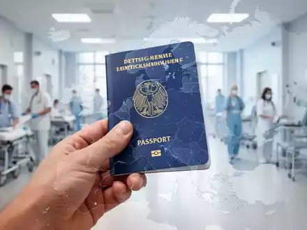 Eine Hand hält einen deutschen Reisepass vor einer verschwommenen Karte Europas und einer modernen Rehaklinik. Fokus auf internationale Rehabilitation und Recht. - Foto: über boerse-global.de