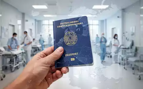 Eine Hand hält einen deutschen Reisepass vor einer verschwommenen Karte Europas und einer modernen Rehaklinik. Fokus auf internationale Rehabilitation und Recht. - Foto: über boerse-global.de