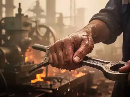 Eine verschwitzte Hand eines Arbeiters hält ein Werkzeug, im Hintergrund verschwommene Industriemaschinen und Hitzeflimmern. - Foto: über boerse-global.de