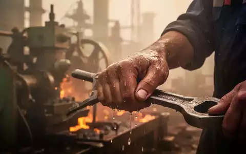 Eine verschwitzte Hand eines Arbeiters hält ein Werkzeug, im Hintergrund verschwommene Industriemaschinen und Hitzeflimmern. - Foto: über boerse-global.de