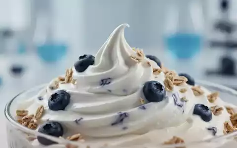Nahaufnahme eines Joghurtwirbels mit angedeuteten Blaubeeren oder Müsli, der Darmgesundheit und Ernährung symbolisiert. - Foto: über boerse-global.de