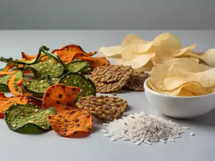 Eine Auswahl an gesunden Snack-Alternativen wie Gemüse- und Linsenchips, neben einer kleinen Schale Kartoffelchips, auf einer modernen Oberfläche. - Foto: über boerse-global.de