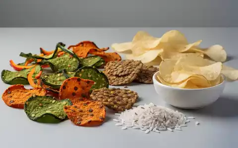 Eine Auswahl an gesunden Snack-Alternativen wie Gemüse- und Linsenchips, neben einer kleinen Schale Kartoffelchips, auf einer modernen Oberfläche. - Foto: über boerse-global.de